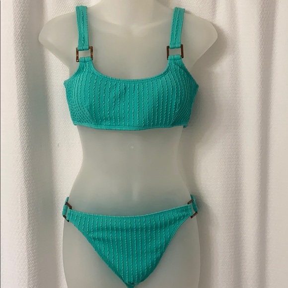 Bikini ribbed teal two piece with brown accent - Picture 1 of 4